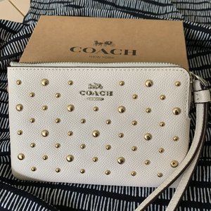 Coach Small Zip Wallet - White with Golden Studs